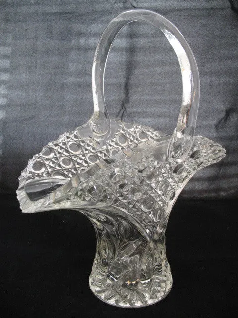 12" VINTAGE LEAD CRYSTAL CUT GLASS BASKET BOWL VASE Diamonds Buttons Pattern