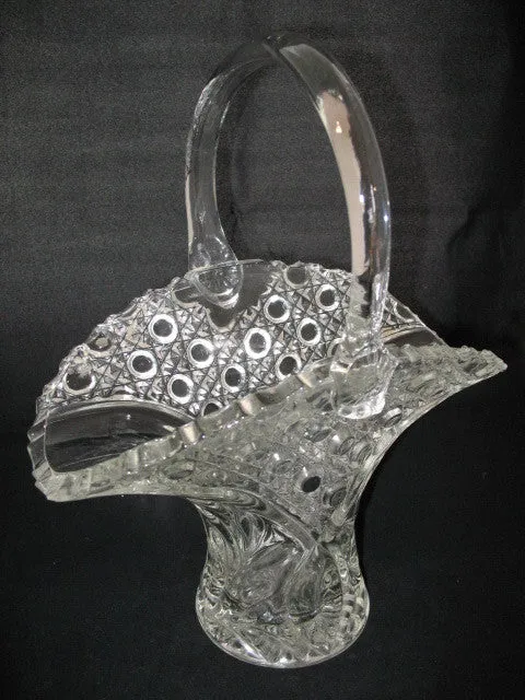12" VINTAGE LEAD CRYSTAL CUT GLASS BASKET BOWL VASE Diamonds Buttons Pattern