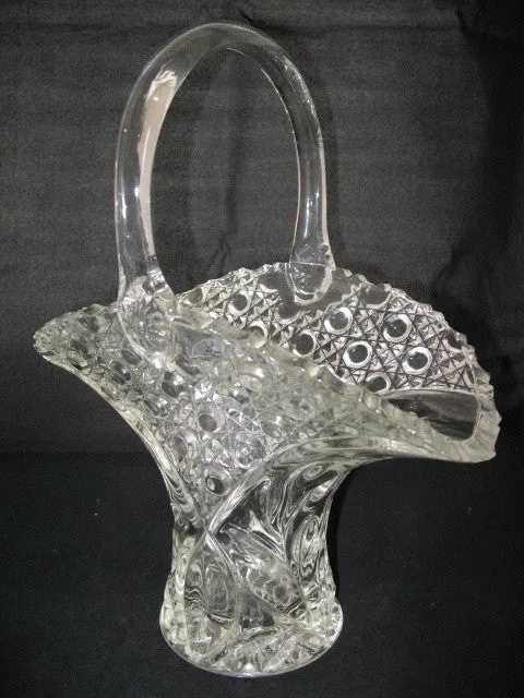 12" VINTAGE LEAD CRYSTAL CUT GLASS BASKET BOWL VASE Diamonds Buttons Pattern