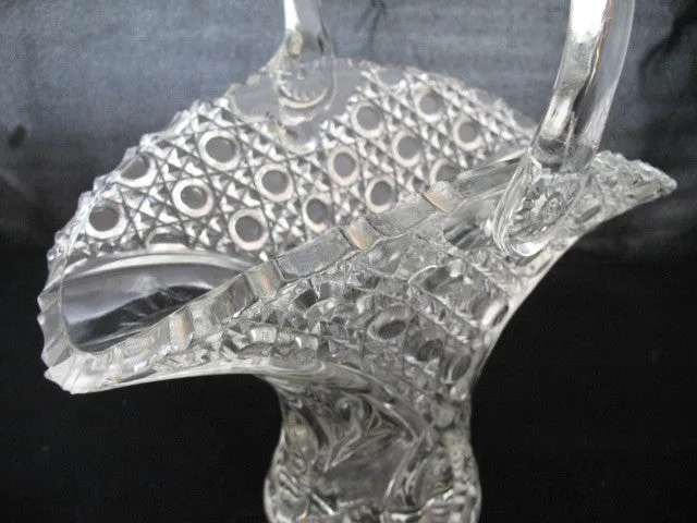 12" VINTAGE LEAD CRYSTAL CUT GLASS BASKET BOWL VASE Diamonds Buttons Pattern