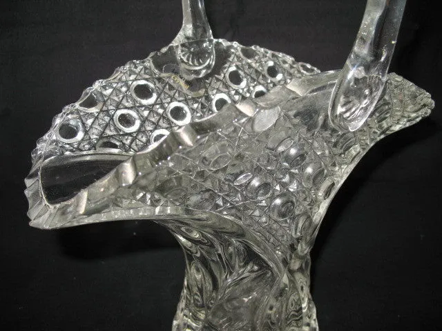 12" VINTAGE LEAD CRYSTAL CUT GLASS BASKET BOWL VASE Diamonds Buttons Pattern