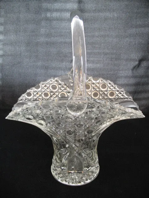 12" VINTAGE LEAD CRYSTAL CUT GLASS BASKET BOWL VASE Diamonds Buttons Pattern