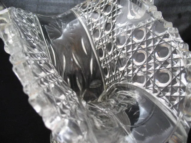 12" VINTAGE LEAD CRYSTAL CUT GLASS BASKET BOWL VASE Diamonds Buttons Pattern