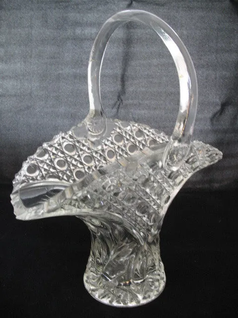 12" VINTAGE LEAD CRYSTAL CUT GLASS BASKET BOWL VASE Diamonds Buttons Pattern
