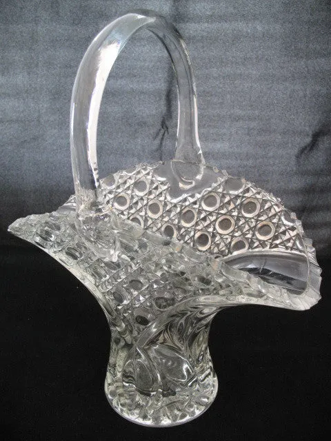12" VINTAGE LEAD CRYSTAL CUT GLASS BASKET BOWL VASE Diamonds Buttons Pattern