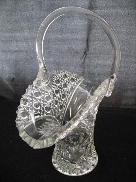 12" VINTAGE LEAD CRYSTAL CUT GLASS BASKET BOWL VASE Diamonds Buttons Pattern