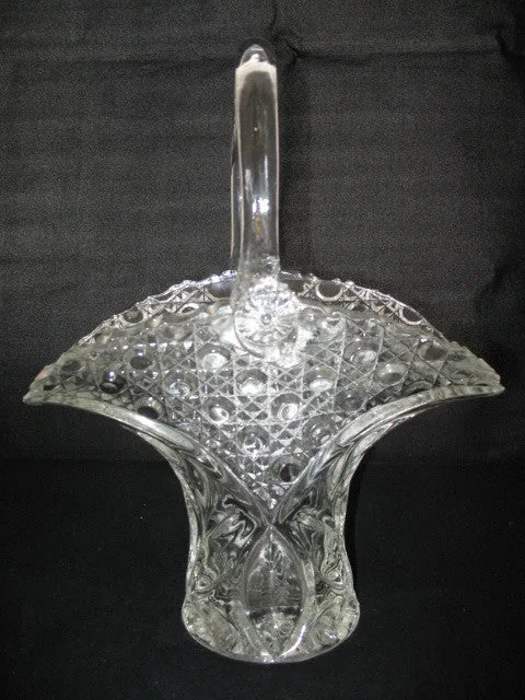 12" VINTAGE LEAD CRYSTAL CUT GLASS BASKET BOWL VASE Diamonds Buttons Pattern