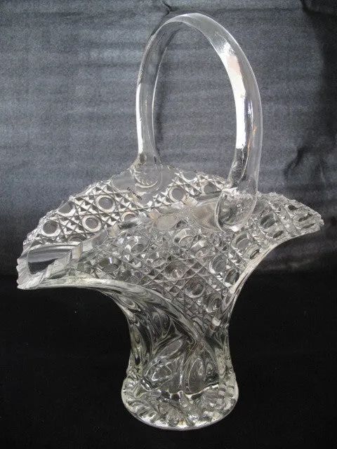 12" VINTAGE LEAD CRYSTAL CUT GLASS BASKET BOWL VASE Diamonds Buttons Pattern