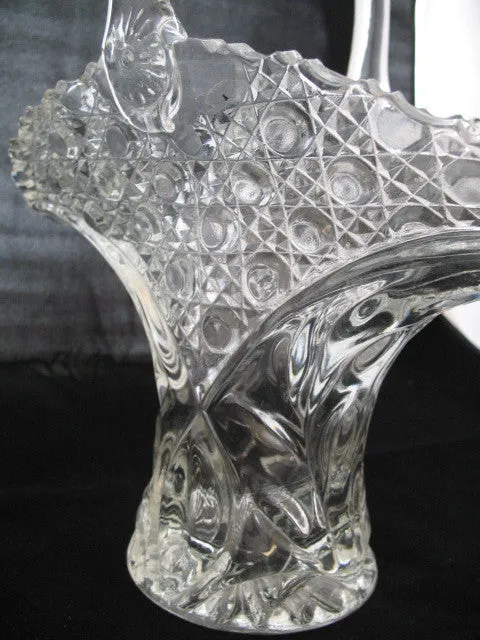 12" VINTAGE LEAD CRYSTAL CUT GLASS BASKET BOWL VASE Diamonds Buttons Pattern