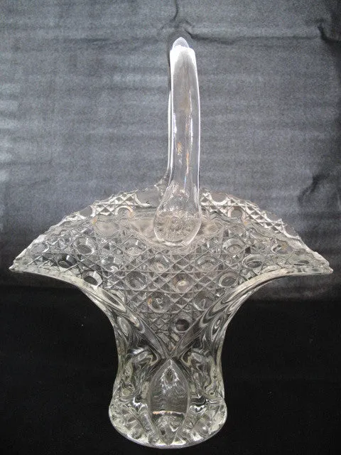 12" VINTAGE LEAD CRYSTAL CUT GLASS BASKET BOWL VASE Diamonds Buttons Pattern