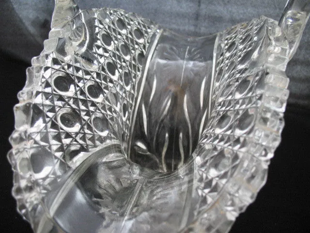 12" VINTAGE LEAD CRYSTAL CUT GLASS BASKET BOWL VASE Diamonds Buttons Pattern