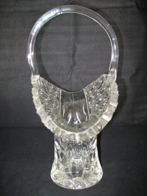 12" VINTAGE LEAD CRYSTAL CUT GLASS BASKET BOWL VASE Diamonds Buttons Pattern