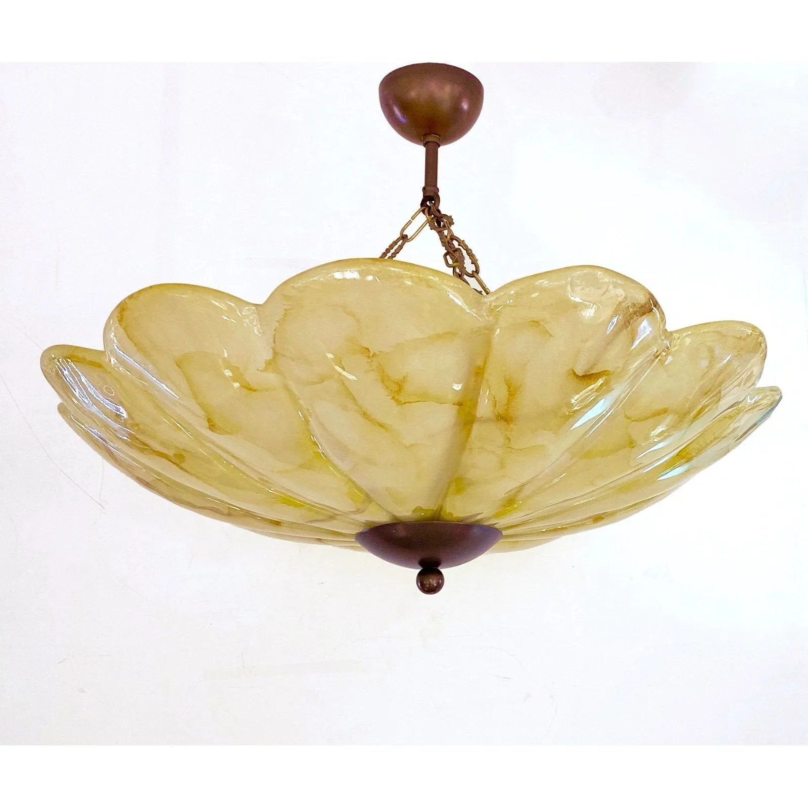 1950s Italian Mustard Yellow Streak Murano Glass Bronzed Dome Pendant/Flushmount