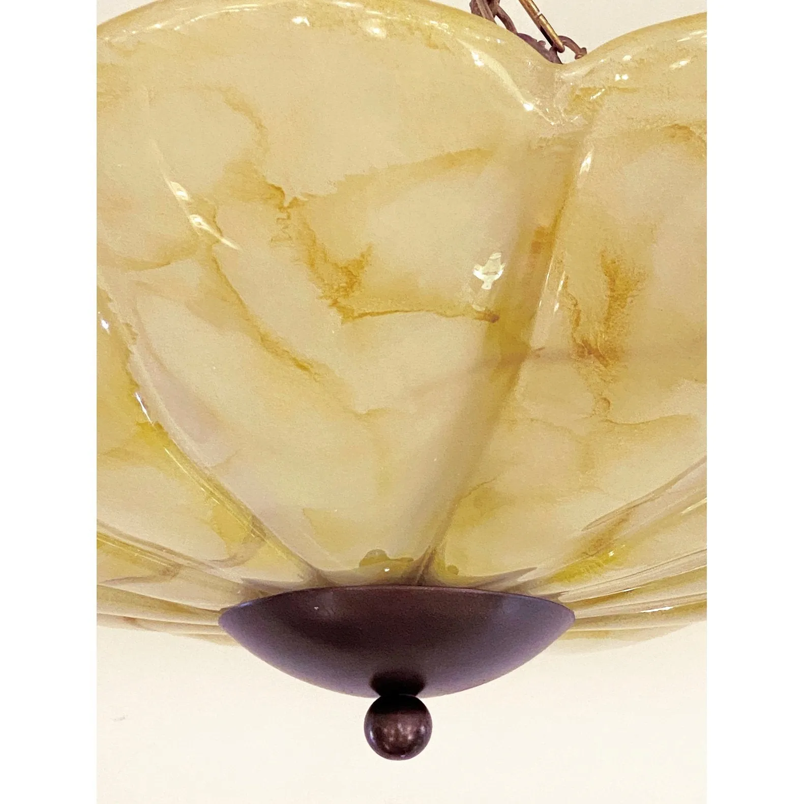 1950s Italian Mustard Yellow Streak Murano Glass Bronzed Dome Pendant/Flushmount