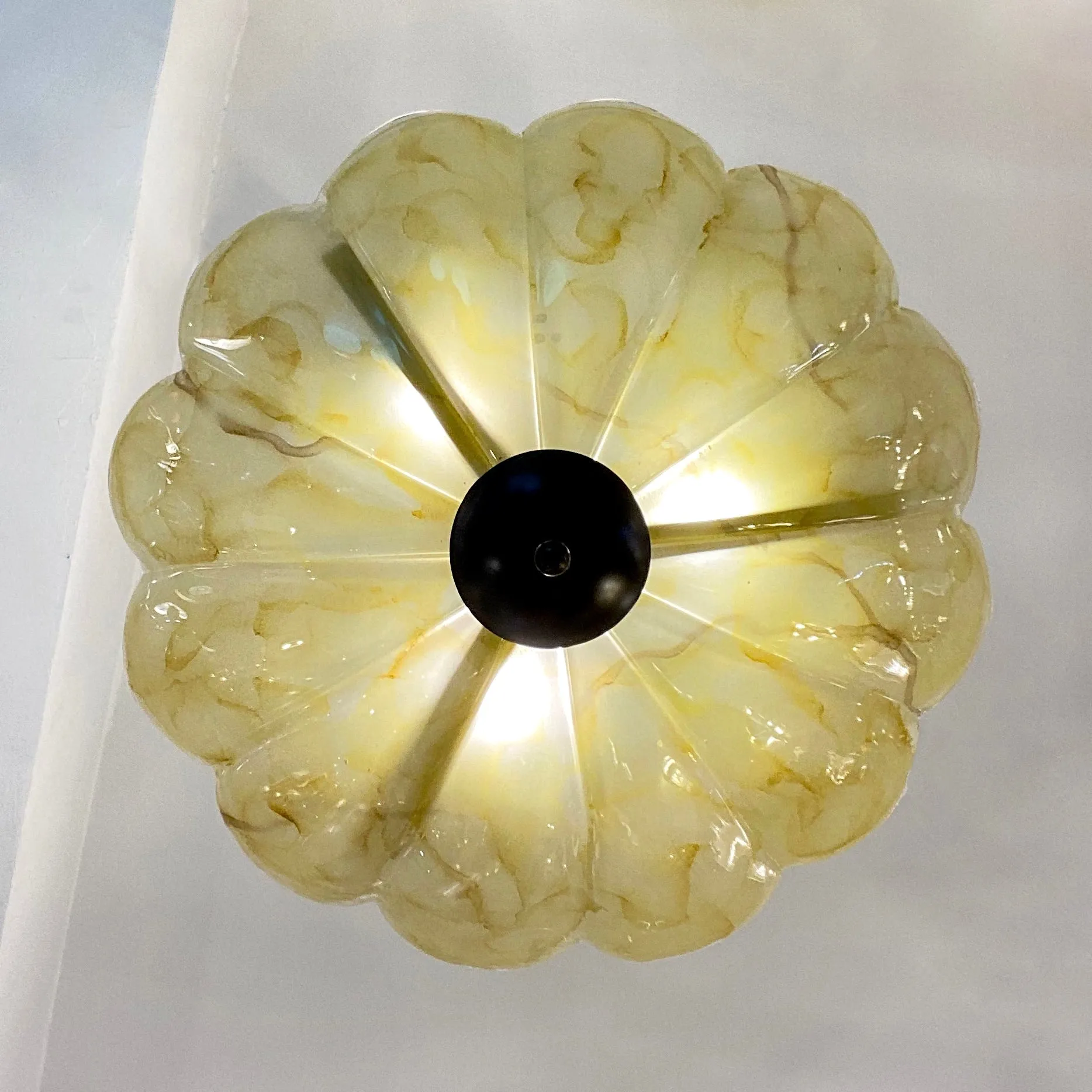 1950s Italian Mustard Yellow Streak Murano Glass Bronzed Dome Pendant/Flushmount
