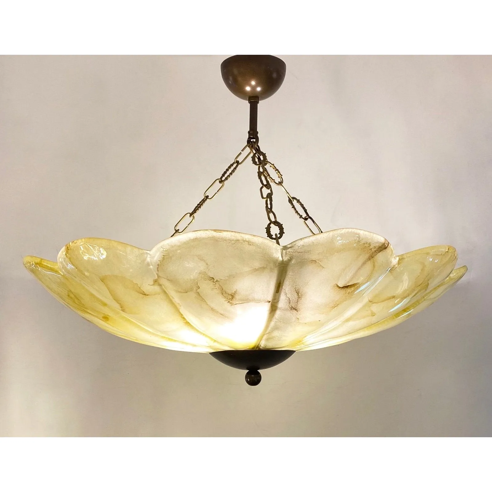 1950s Italian Mustard Yellow Streak Murano Glass Bronzed Dome Pendant/Flushmount