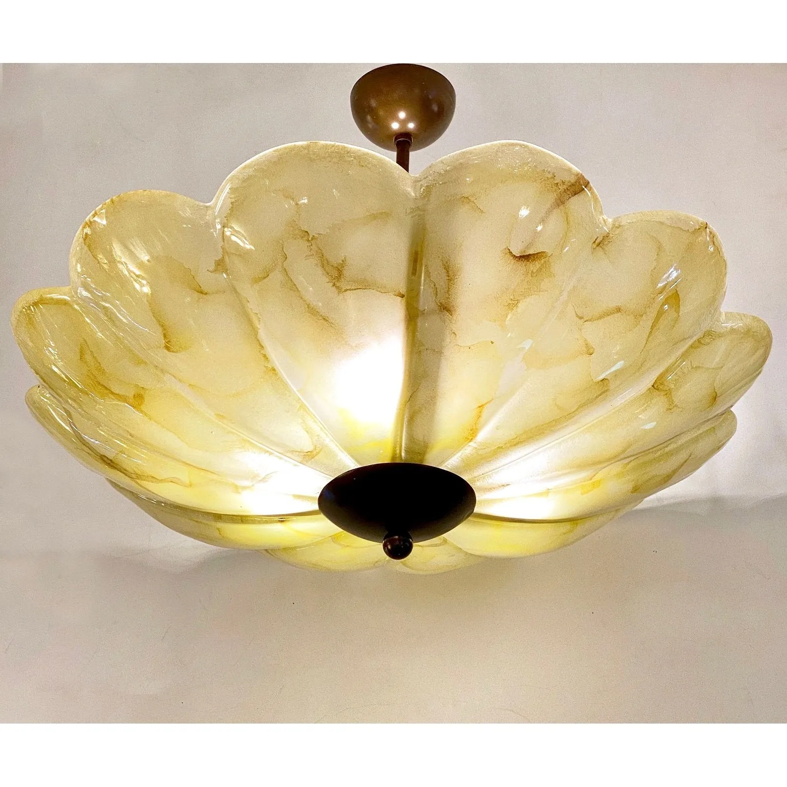 1950s Italian Mustard Yellow Streak Murano Glass Bronzed Dome Pendant/Flushmount