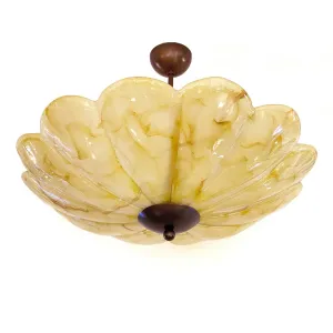 1950s Italian Mustard Yellow Streak Murano Glass Bronzed Dome Pendant/Flushmount
