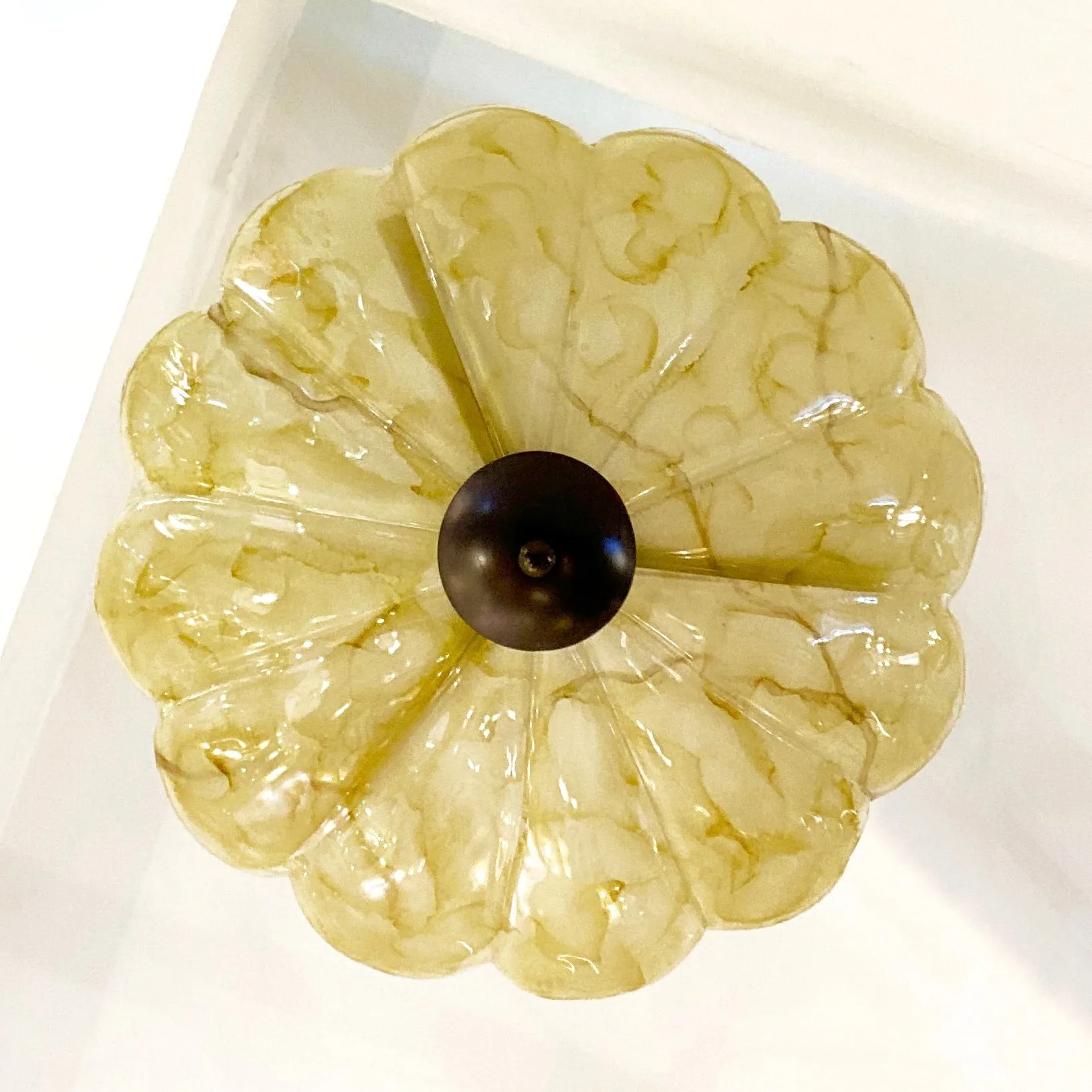 1950s Italian Mustard Yellow Streak Murano Glass Bronzed Dome Pendant/Flushmount