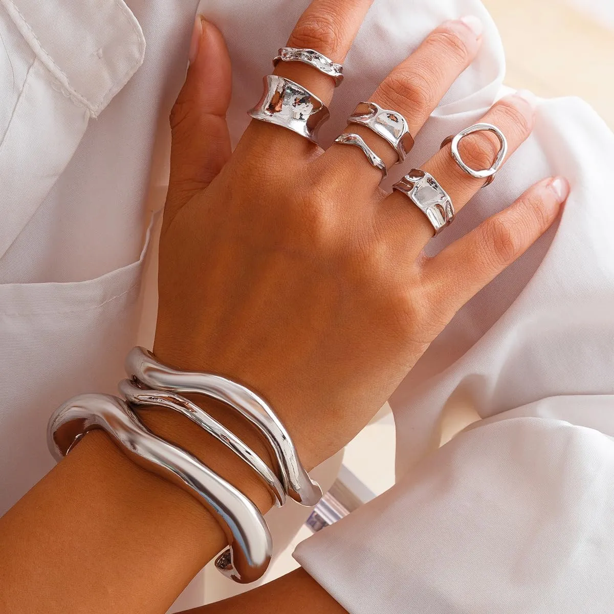 3-8Pcs Gold Bangles for Women Silver Bangles Chunky Bracelets Wrist Cuff Trendy Statement Bangles