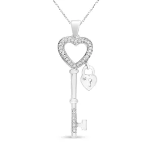 .925 Sterling Silver 1/4 Cttw Diamond Lock & Key Heart 18" Pendant Necklace (I-J Color, I3 Clarity)