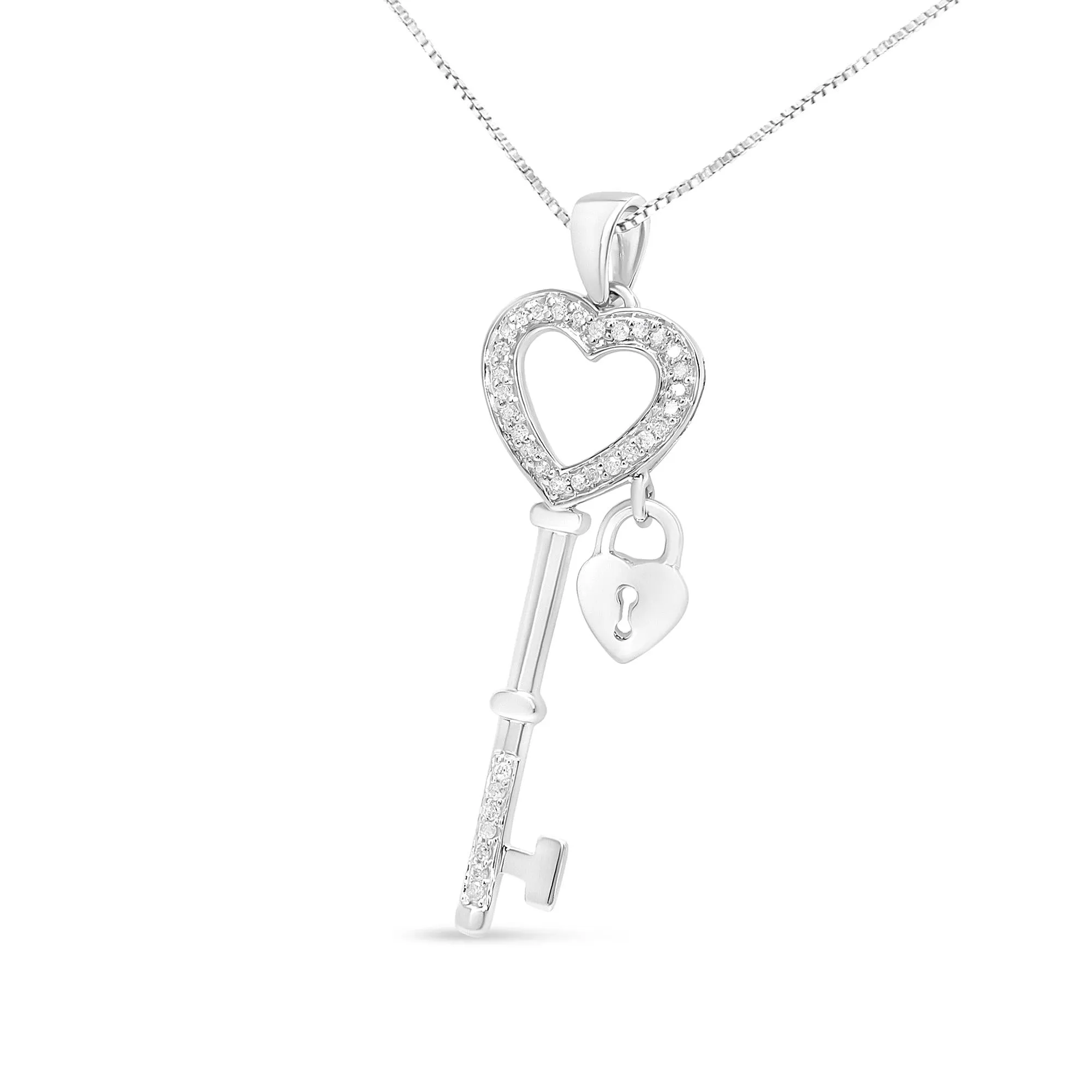 .925 Sterling Silver 1/4 Cttw Diamond Lock & Key Heart 18" Pendant Necklace (I-J Color, I3 Clarity)