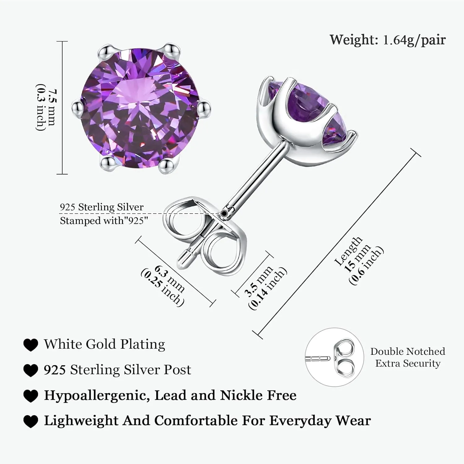 925 Sterling Silver Birthstone Earrings for Women Small Stud Earrings Round/Princess Cut Gemstone Earrings Birthstone Jewelry