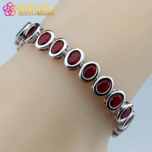 925 Sterling Silver Oval Red Garnet Bracelet