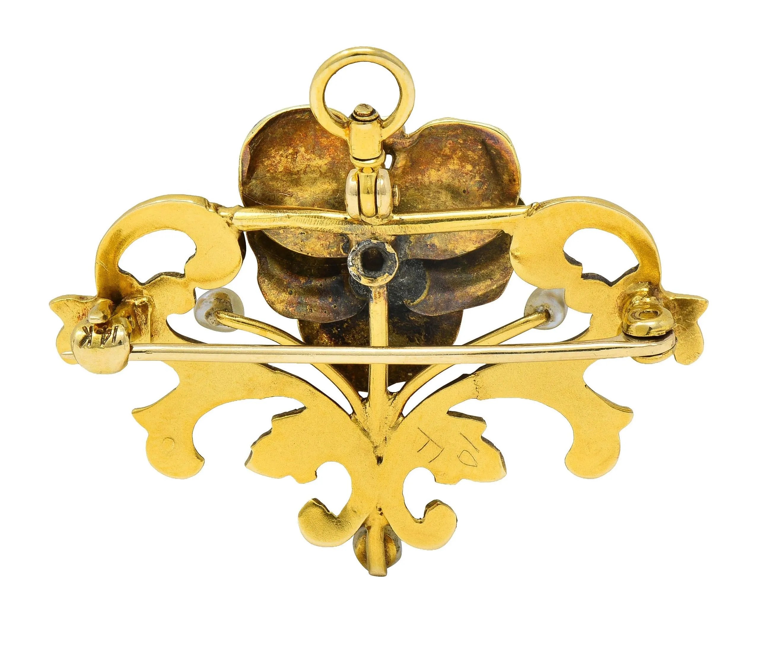 Art Nouveau Diamond Pearl Enamel 14 Karat Yellow Gold Antique Flower Pendant Brooch