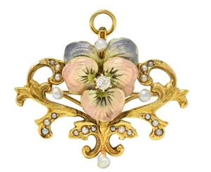 Art Nouveau Diamond Pearl Enamel 14 Karat Yellow Gold Antique Flower Pendant Brooch