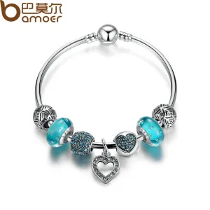 BAMOER Romantic Vintage Bracelets Silver Color Heart Pendant Charm Bracelets & Bangle with Blue Beads Jewelry PA3801