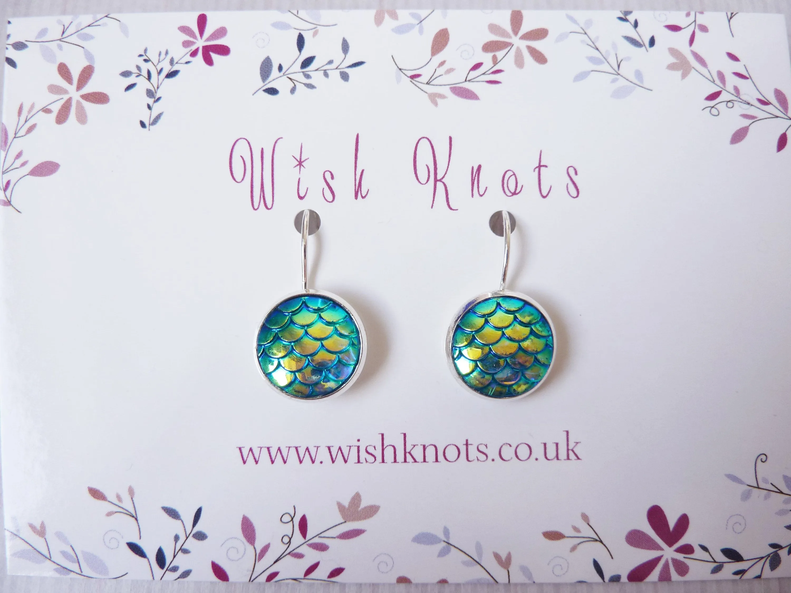 Blue Mermaid Scale Earrings - Sea Blue Green Lever Back Earrings. Silver Plated Drop Earrings