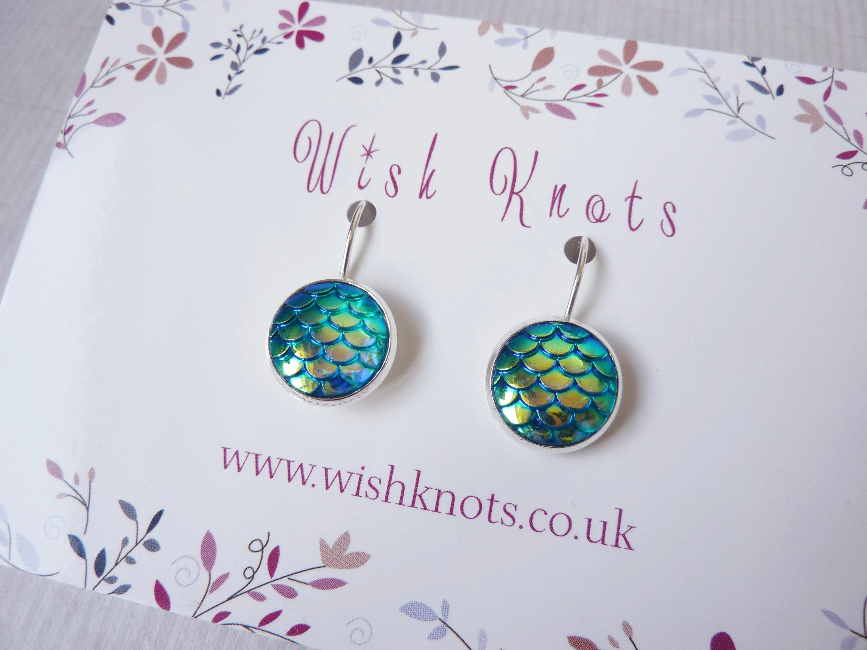 Blue Mermaid Scale Earrings - Sea Blue Green Lever Back Earrings. Silver Plated Drop Earrings