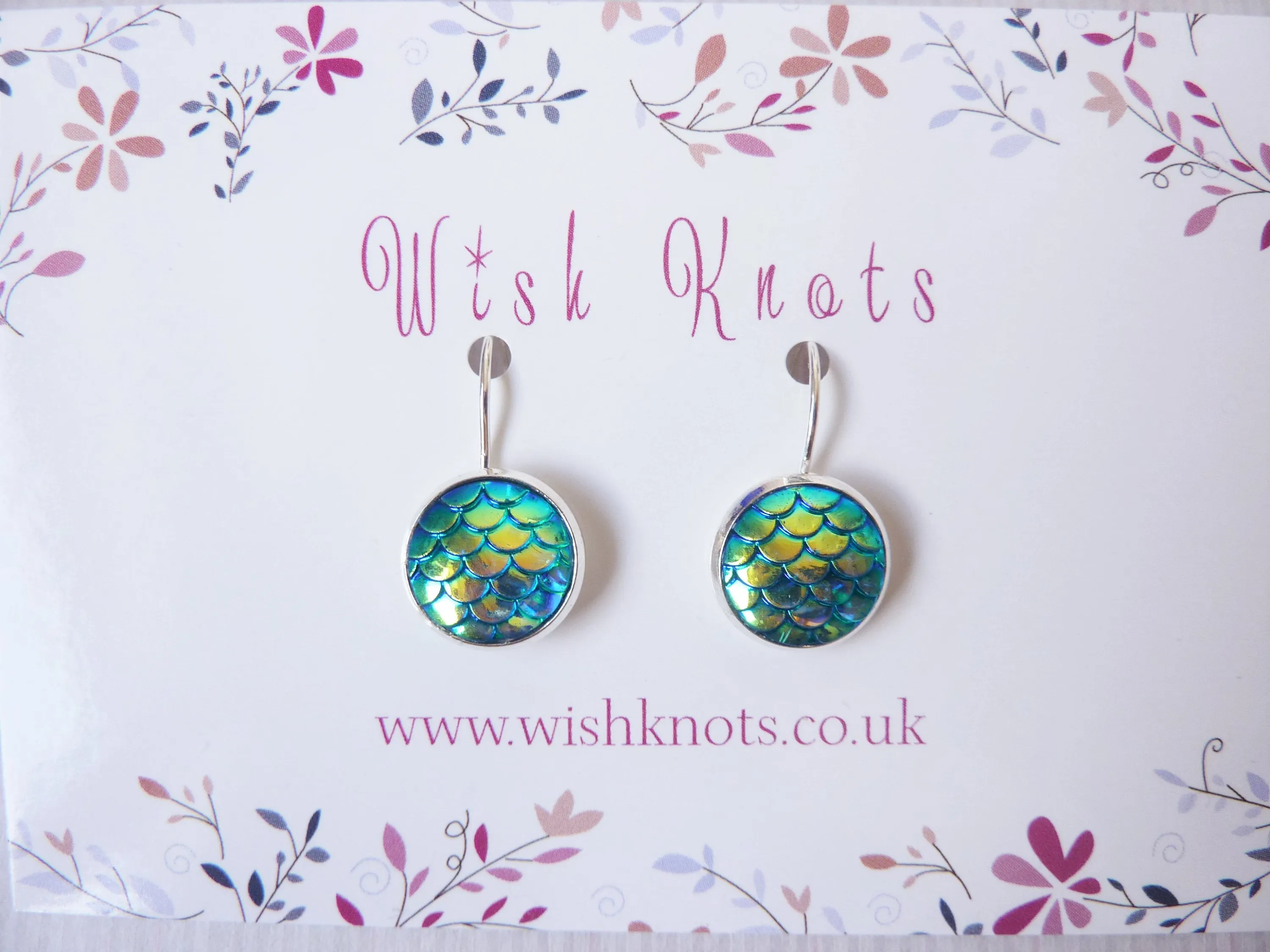 Blue Mermaid Scale Earrings - Sea Blue Green Lever Back Earrings. Silver Plated Drop Earrings