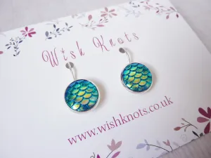Blue Mermaid Scale Earrings - Sea Blue Green Lever Back Earrings. Silver Plated Drop Earrings