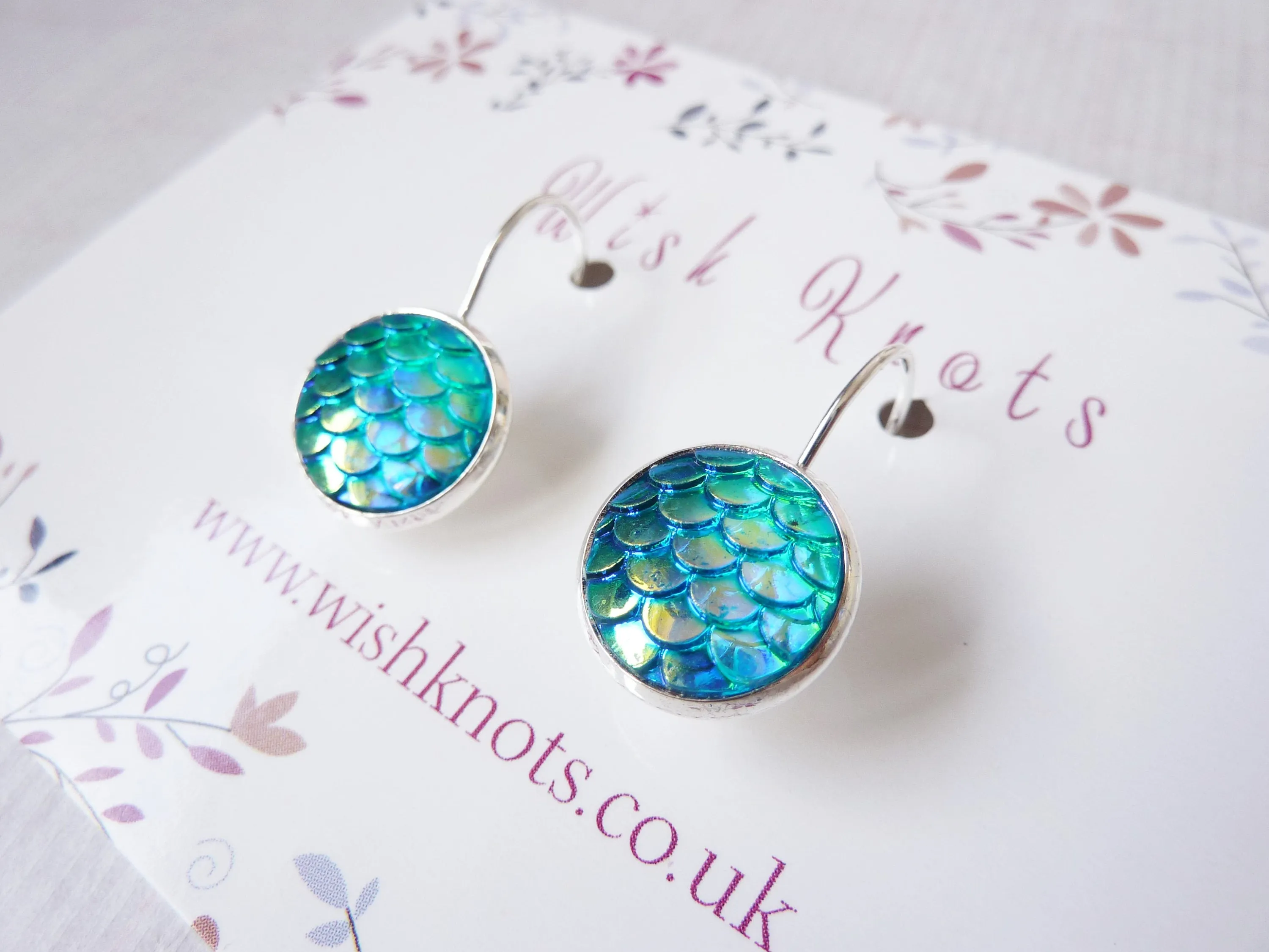 Blue Mermaid Scale Earrings - Sea Blue Green Lever Back Earrings. Silver Plated Drop Earrings