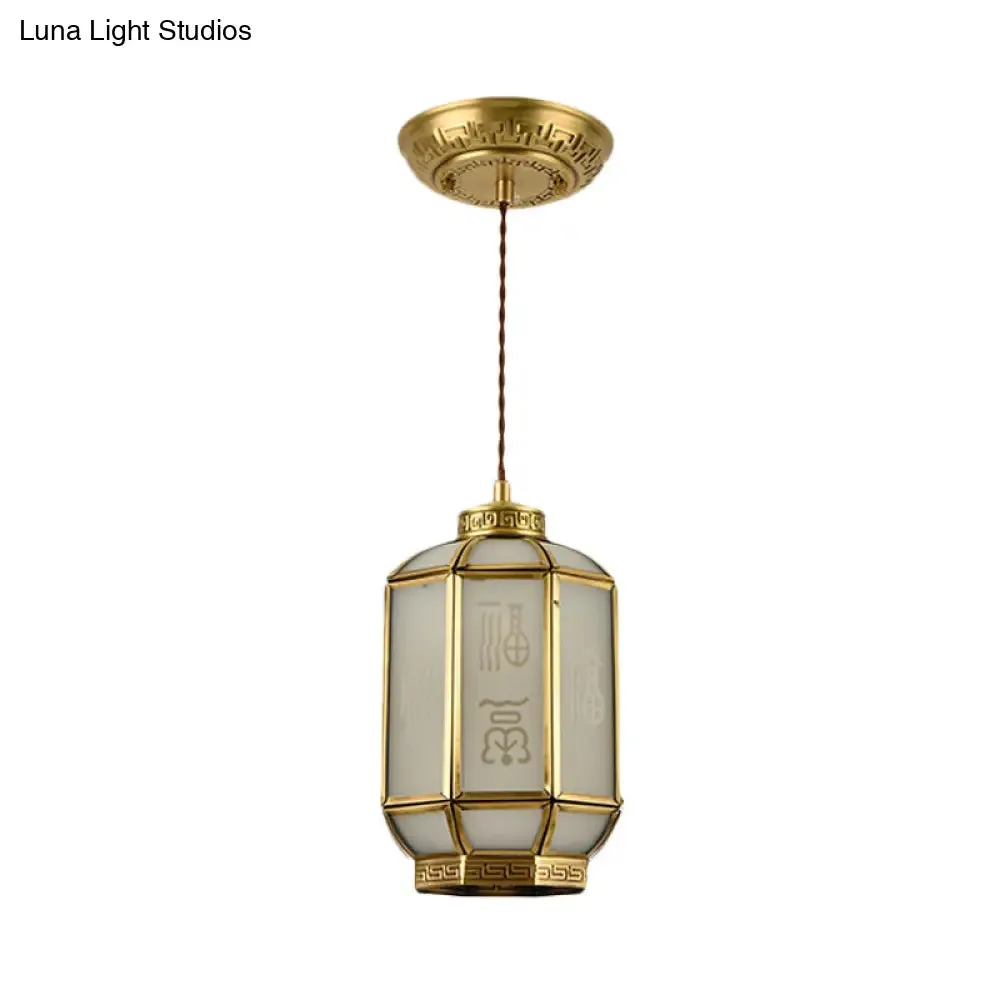 Classic Metal Lantern Corridor Drop Pendant: Brass Hanging Lamp with Frosted Glass Shade
