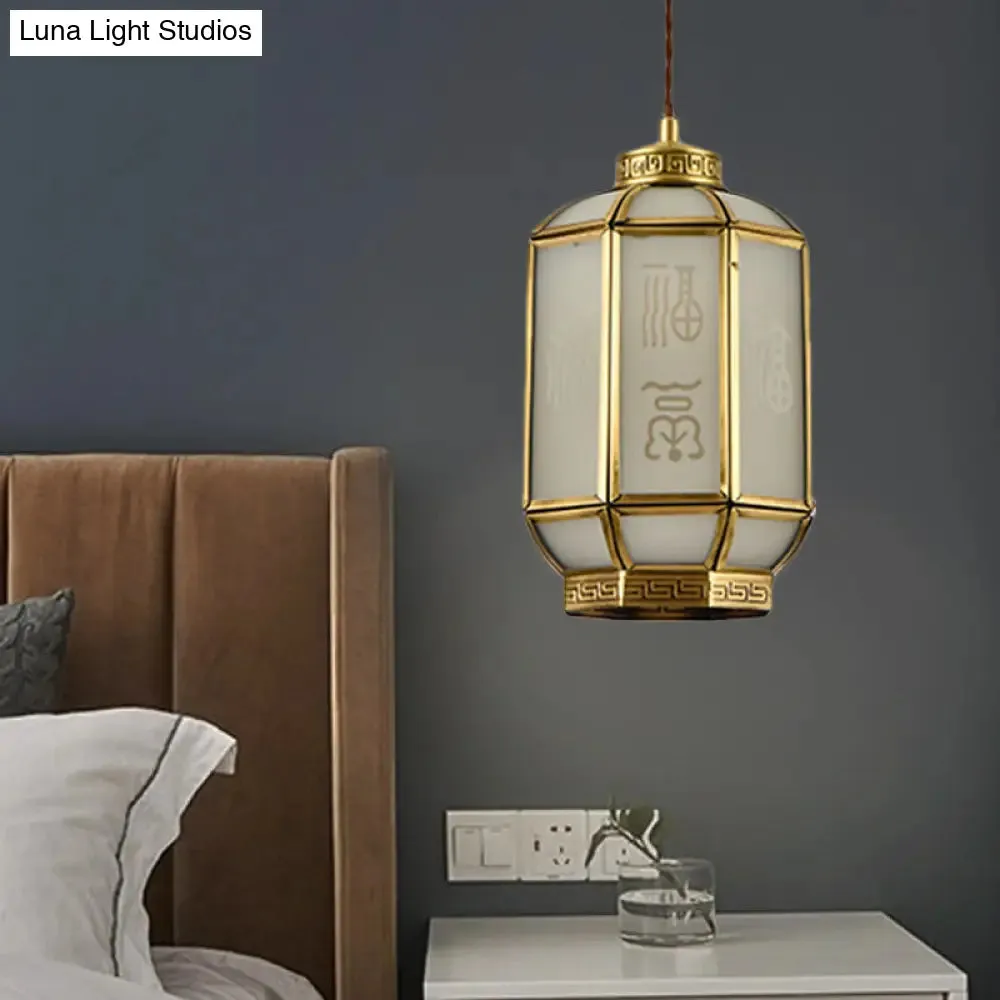 Classic Metal Lantern Corridor Drop Pendant: Brass Hanging Lamp with Frosted Glass Shade