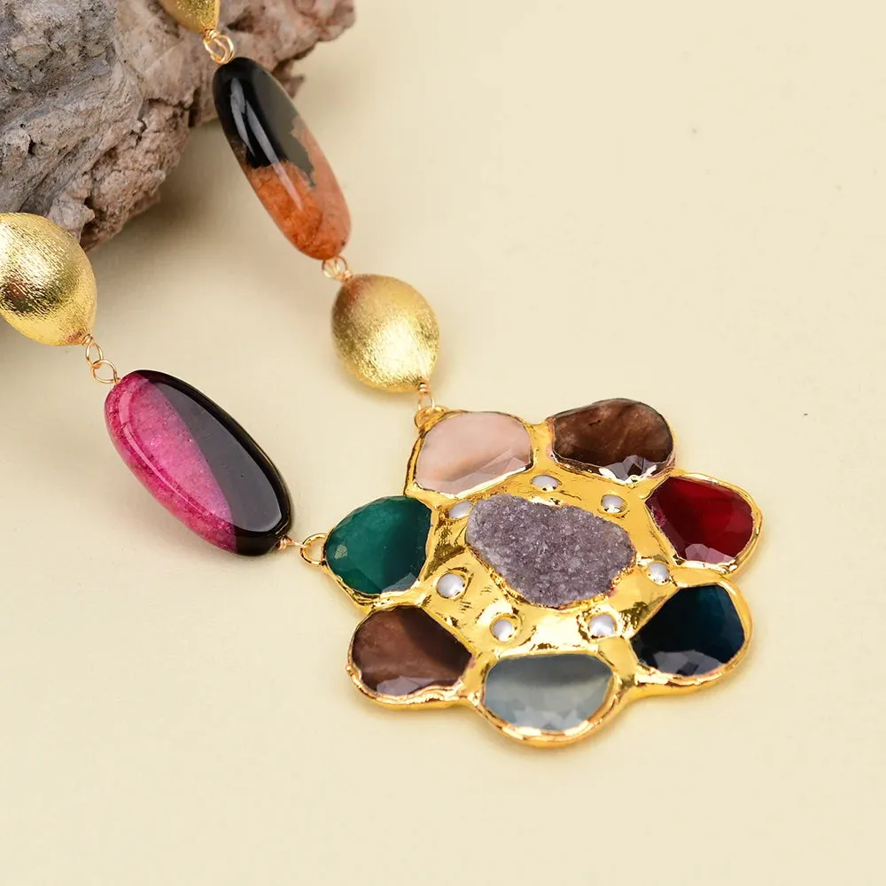 Colorful Agate Gold Pearl Necklace