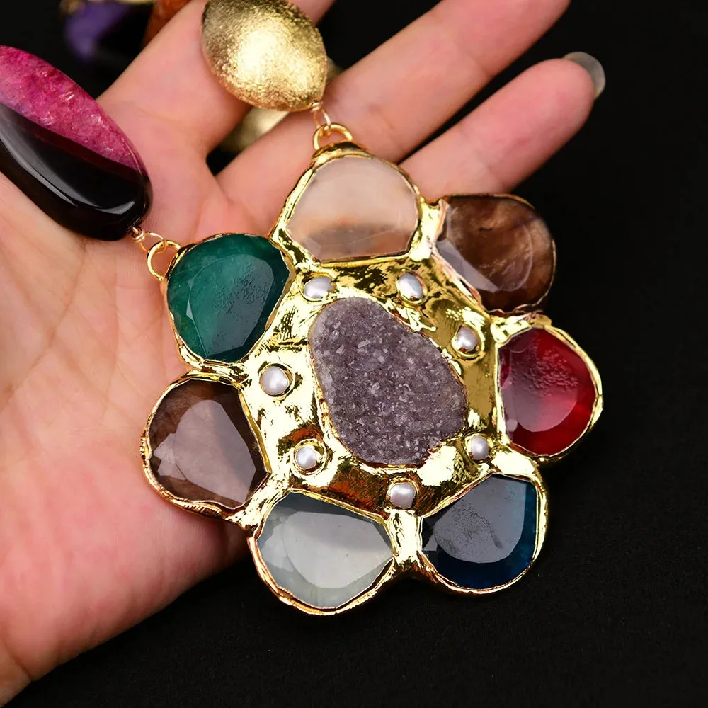Colorful Agate Gold Pearl Necklace