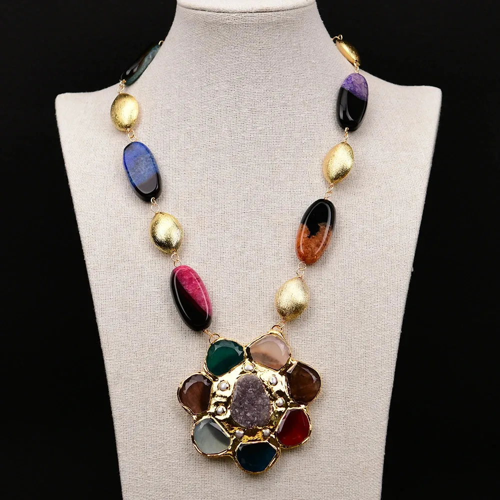 Colorful Agate Gold Pearl Necklace