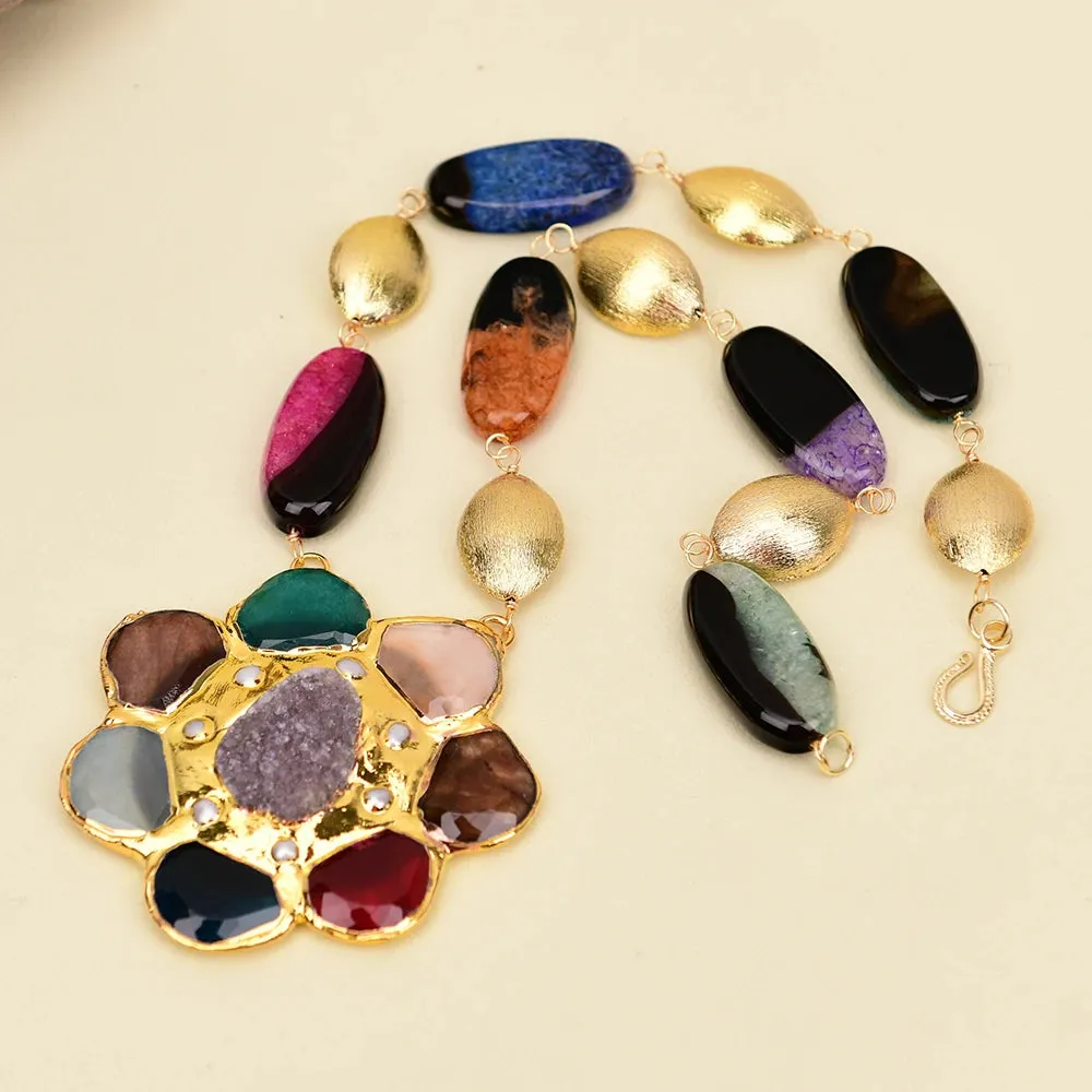 Colorful Agate Gold Pearl Necklace