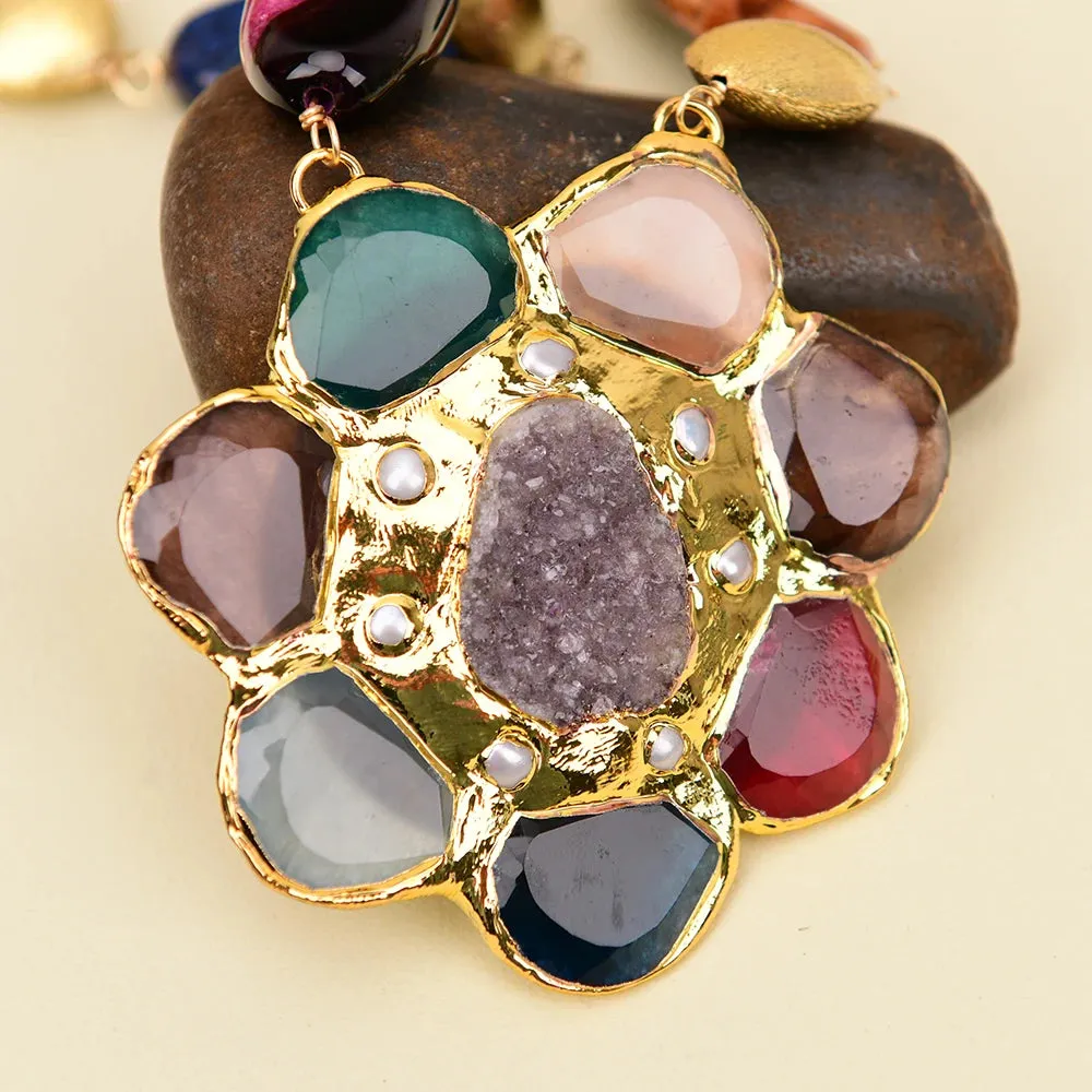Colorful Agate Gold Pearl Necklace