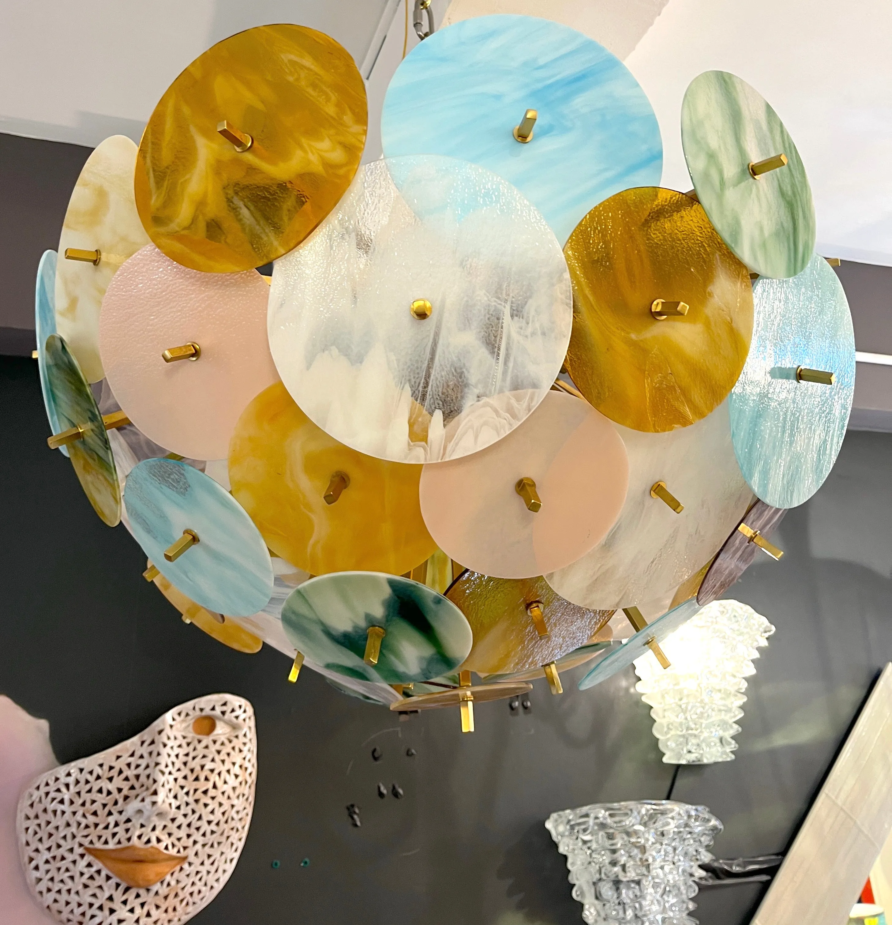 Contemporary Italian Amber White Aqua Blue Green Murano Glass Sputnik Flushmount