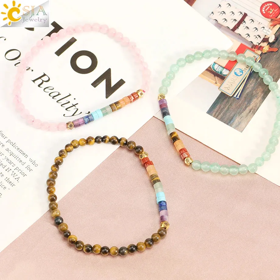 CSJA Natural Stone 7 Chakra Bracelet Amethysts Quartz Jewelry