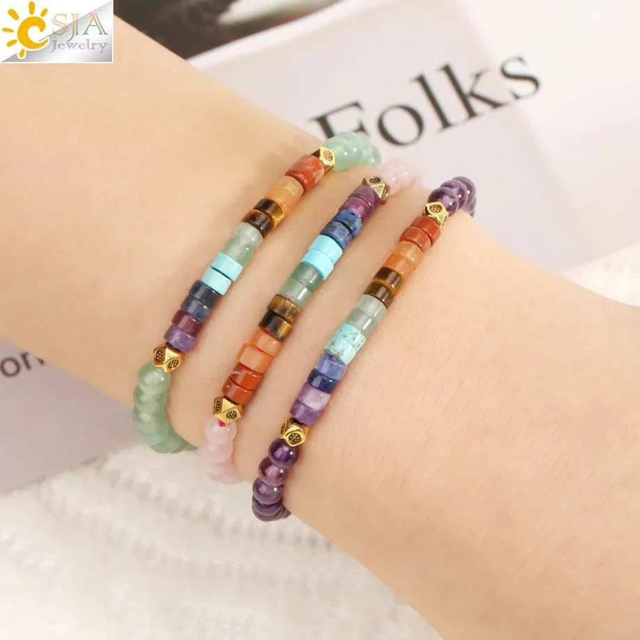 CSJA Natural Stone 7 Chakra Bracelet Amethysts Quartz Jewelry