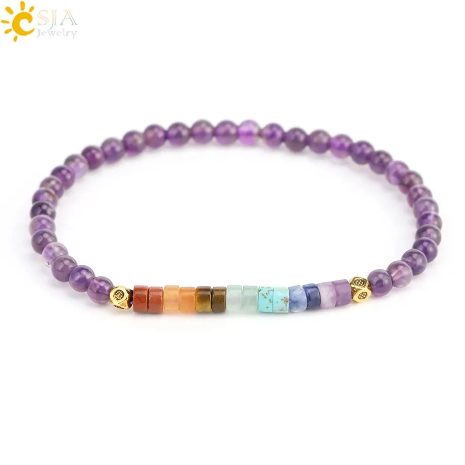 CSJA Natural Stone 7 Chakra Bracelet Amethysts Quartz Jewelry