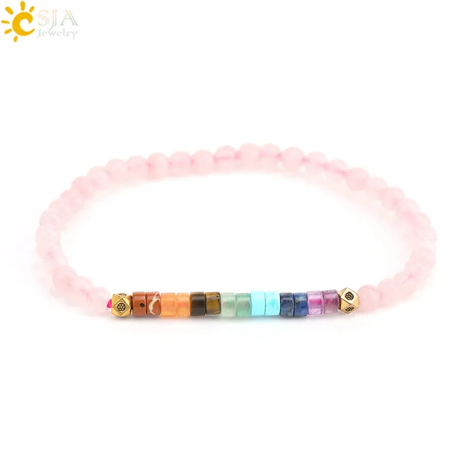 CSJA Natural Stone 7 Chakra Bracelet Amethysts Quartz Jewelry