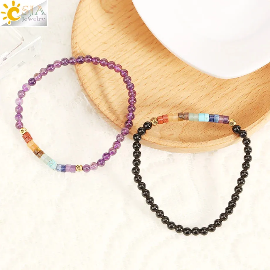 CSJA Natural Stone 7 Chakra Bracelet Amethysts Quartz Jewelry