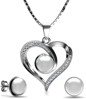 DEPHINI - Pearl Necklace & Pearl Earrings SET - 925 Sterling Silver - Real Pearl Drop Earrings studs & Pearl Pendant - Fine Jewellery set for women - 18" Premium Rhodium Plated - Gifts for Women